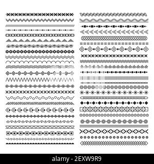Von Hand gezeichnete Linienränder. Trennwände mit geometrischen Elementen, Vintage Doodle Frame Grafik, horizontale ornamental Text Dekoration Vektor-Set. Illustration Trennlinie, Unterstrich mit Doodle Schraffierung Stock Vektor