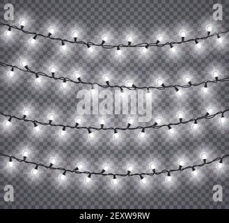 Lichter Girlanden. Weihnachtsfeier glühenden weißen Lampen, Weihnachten Feiertage Beleuchtung Dekor. Isoliertes Vektormockup für festliche Grußkarten. Leuchtende Glühbirne auf Schnur Illustration Stock Vektor