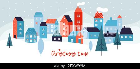 Winter einfache Landschaft. Schneebedecktes weihnachtspanorama mit niedlichen Stadtgebäuden, fallendem Schnee und Tannenbäumen. Neujahr und Weihnachten Vektor Hintergrund. Illustration Straßenlandschaft, Schneefall im Freien Stock Vektor