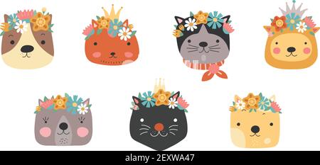 Katzenköpfe mit Blumenkrone. Niedliche Katzen in Blumenkranz und Prinzessin Krone. Lustige Kätzchen für Geburtstag Grußkarte. Girly Vector Set. Illustration Katze Kopf Charakter, Tier hübsch Stock Vektor