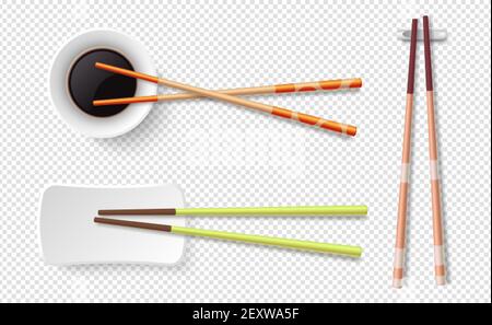 Essstäbchen. Bunte Sushi-Sticks aus Holz, Teller mit Sojasauce. Asiatische Lebensmittel Utensilien isoliert auf transparentem Hintergrund. Japanischer, chinesischer Vektorsatz. Japanischer Essstäbchen für Sushi-Illustration Stock Vektor