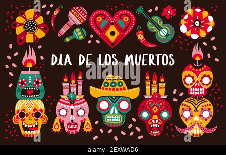 Poster zum Tag der Toten. Dekorative Totenköpfe, Gitarre und Kerzen und Pfeffer, Herz und Blumen. Mexikanische Dia de los muertos Vektor Hintergrund. Mexikanischer Pfeffer und Schädel, Festival traditionelle Illustration Stock Vektor