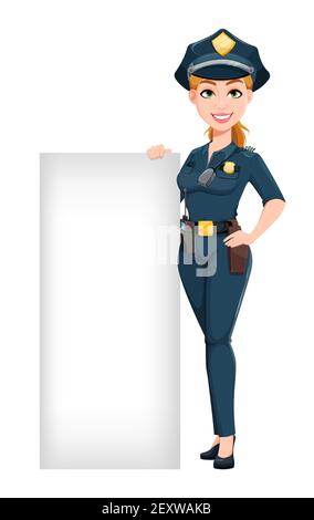 Polizeifrau in Uniform. Weibliche Polizei Offizier Cartoon-Figur in der Nähe von leeren Banner stehen. Vektorgrafik für Aktien Stock Vektor