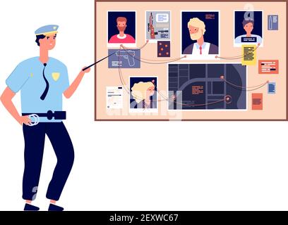 Detektivbrett. Kriminaluntersuchung Plan mit Mord Fotos, Zeitungen und Notizen, Polizist Ermittler bei Schema Karte, Vektor-Konzept. Detective Polizei Untersuchung, Board Foto Plan Illustration Stock Vektor