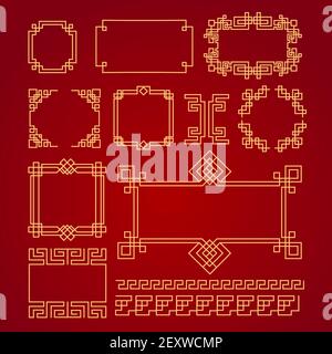 Chinesische Grenzen. Gold auf roten asiatischen Neujahr dekorative traditionelle Rahmen, orientalische Linie vintage japanische Muster für Bild Frame Vektor-Set. Dekorative chinesische, Dekoration japanische Illustration Stock Vektor