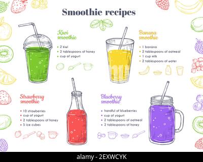 Smoothie-Rezepte. Grüne gesunde Shakes, Detox Lebensmittel. Obst vegane Getränke, frische Speisekarte und Rohwaren. Vektor-Illustration für Cocktailmenüs. Smoothie vegan, Bio-Drink Cocktail Detox Stock Vektor