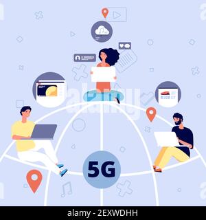 5G. Menschen auf der ganzen Welt mit Geräten mit 5G mobilen Internet, Speed Broadcasting und Wireless-Netzwerk. Digital Web Controls Vektor-Konzept. Internet 5G-Technologie, Darstellung der Netzwerkanbindung Stock Vektor