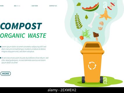 Kompostabfall. Kompostiereimer, organische grüne Papierkorb-Box recyceln. Lebensmittel Pflanzen Müll für Gartendünger. Vorlage für Vektorlanding Page. Illustration Kompostin Recycling Müll, Ökologie Nutzung Stock Vektor