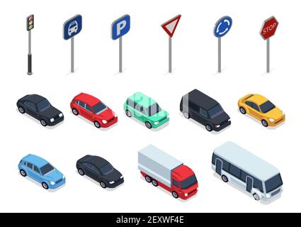 Isometrische Fahrzeuge. Straßenschilder, 3D Fahrzeuge isoliert auf weißem Hintergrund. Autos, LKW und Bus Vektor-Set. Isometrische Abbildung von Auto-Fahrzeug und Straßenschildern Stock Vektor
