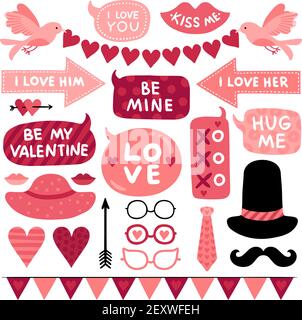 Valentinstag Foto Stand Requisiten. Rosa Liebe Hochzeit Symbol, Kuss und Schnurrbärte, weibliche und männliche Hut. Brille, Krawatte und rotes Herz Vektor-Set. Valentine Fotoprops für Photobooth Element Illustration Stock Vektor