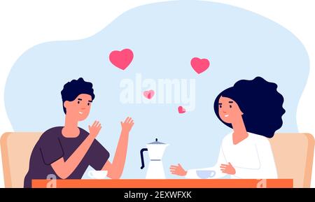 Datum im Café. Freunde trinken Kaffee, Gespräch Mädchen und Mann. Leute, die beim Geschäftsessen sprechen. Paar in Liebe Vektor-Illustration. Paar Gespräch und trinken Tee oder Kaffee Stock Vektor