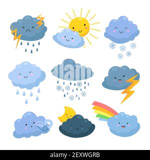 Cartoon Wetter Wolken. Regen, Schneelemente. Himmlisch trübe Formen, Sturm und Blitz, Sonne und Mond. Vektorsatz für meteorologische Vorhersage. Illustration Regen und Schnee, Sturm und Wind Stock Vektor