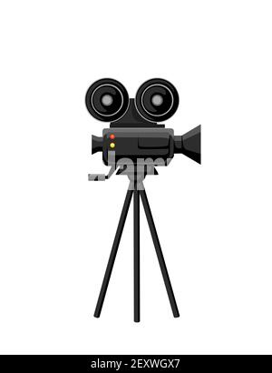 Schwarze Farb-Filmkamera auf Stativ mit Film-Reel-Vektor Abbildung isoliert auf weißem Hintergrund Stock Vektor