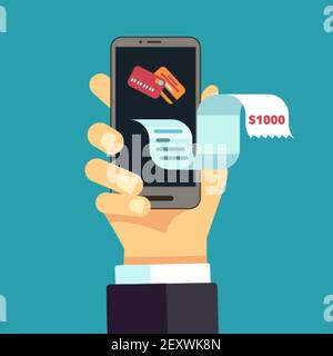 Elektronische Rechnung. Mobile Quittung, Online-Rechnung. Digitale finanzielle Spesenabrechnung. Vector Handgriff Smartphone mit langen Pay-Check-Illustration. Illustration Zahlungsrechnung, Quittung und Rechnung Stock Vektor