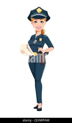 Polizeifrau in Uniform. Weibliche Polizei Offizier Cartoon Figur hält Notizblock. Vektorgrafik für Aktien Stock Vektor