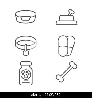 Hund und Pillen, Haustier Bett, Hund Medizin Flasche und Pillen und Kragen mit Namensschild Symbol-Set Stock Vektor