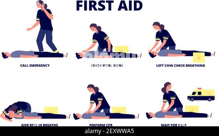 Erste-Hilfe-Animation. HLW-Schulung, Herz-Notfall-Revival. Krankenwagen und medizinische Hilfe Verfahren. Vector Recovery Atemkonzept. Illustration Notfall-hlw, Hilfetraining, Reanimation Sanitäter Stock Vektor