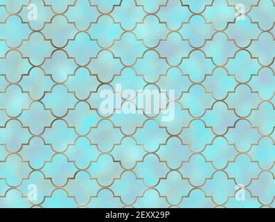 Islam, Arabisch, Türkisch, Indisch, Ottomane Gold Traditionelles Design auf türkisblauem Perlenhintergrund. Orientalische Textur. Marokkanisches Nahtmuster mit goldener Linie. Textil, Papier, Verpackung. Illustration Stockfoto