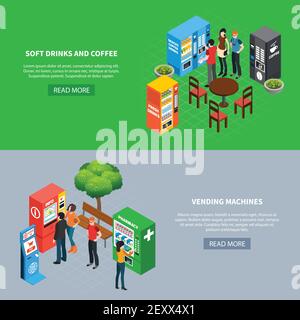 Personen, die verschiedene Verkaufsautomaten und Terminals horizontale isometrische Banner Stellen sie 3D isolierte Vektordarstellung ein Stock Vektor