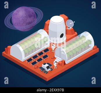 Weltraumforschung isometrische Zusammensetzung mit Bildern von Planeten im Weltraum Und Treibhaus Gebäude der außerirdischen Basis Vektor-Illustration Stock Vektor