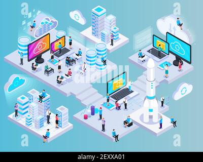 Isometrische Zusammenstellung von Cloud-Diensten mit konzeptuellen Bildern von Netzwerkelementen Aufbewahrungskapseln und kleine menschliche Zeichen Vektorgrafik Stock Vektor
