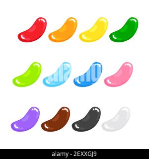 12 Jelly Beans gummy süße Bonbons mit erstaunlichen Geschmack flach Stil Design Vektor Illustration gesetzt. Helle bunte Gelee leckere Süßigkeiten Süßigkeiten sammeln Stock Vektor
