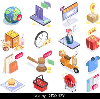 Satz von isolierten Shopping E-Commerce isometrische Symbole und konzeptionelle Bilder Mit Piktogrammen und Verkaufssymbolen Vektordarstellung Stock Vektor