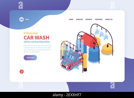 Isometrische Autowaschdienste Konzept Banner Web-Seite Design mit Anklickbar verknüpft Bilder und editierbare Text-Vektor-Illustration Stock Vektor