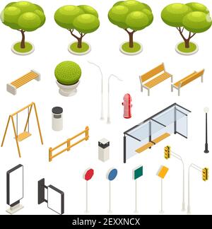 Stadtplan Elemente Konstruktor isometrisches Symbol Set schwingt Straßenschilder Bäume Bänke Bushaltestelle Vektor-Illustration Stock Vektor