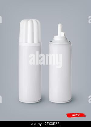 Schlagsahne Flaschen Dosen auf grauem Hintergrund. 3D realistische Vektor-Illustration von süßen Milchprodukten. Mockup von Schlagsahne Paket. Stock Vektor