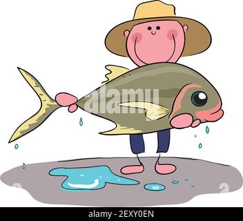 Fischer hält seinen Fang, Stick Figur hält Fisch Stock Illustration Stock Vektor