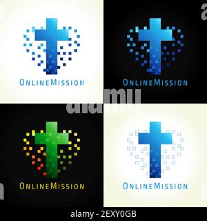 City und Cross blaues Logo Konzept. Buntglas Logo Idee. Religiöse kreative 3D Ikone, christliche Erziehung Symbol. Internet Kirche Schild. Marke, aber Stock Vektor