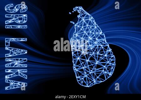 Karte von Sri Lanka, Polygonale Netzlinienkarte, blaue Karte auf dunklem Hintergrund Stockfoto