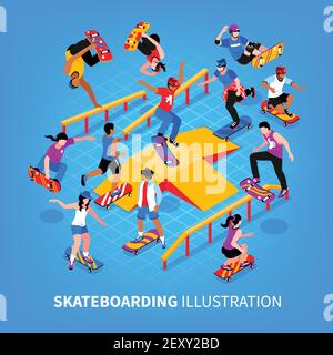 Isometrische Skateboard Hintergrund mit realistischen menschlichen Charakteren von Skateboardern springen Und Reiten ihre Longboards Durchführung von Übungen Vektor illus Stock Vektor
