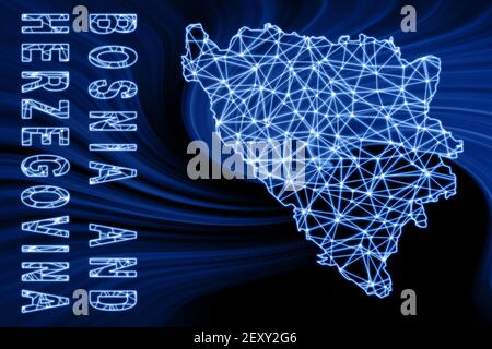 Karte von Bosnien und Herzegowina, Polygonale Netzlinienkarte, blaue Karte auf dunklem Hintergrund Stockfoto