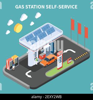 Selbstbedienung an der Tankstelle mit Zahlungsterminal und Verkaufsautomaten Maschine isometrische Zusammensetzung türkis Hintergrund Vektor Illustration Stock Vektor