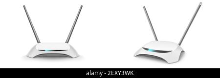 WLAN-Router, drahtloses Breitbandmodem mit Antennen in Front- und Perspektivansicht. Vector realistische Mockup von Ethernet-Router für Netzwerkverbindung und Internetzugang isoliert auf weißem Hintergrund Stock Vektor