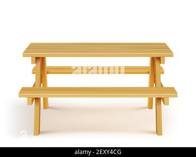 Holz Picknicktisch mit Bänken, Holzmöbel für Outdoor bbq Essen, Gartentisch isoliert auf weißem Hintergrund. Grafik-Design-Objekt, Ausrüstung für Park Erholung realistische 3D Vektor-Illustration Stock Vektor