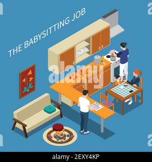 Isometrische Zusammensetzung mit Babysitter Fütterung Junge und Eltern Kochen und Lesen Zeitung 3D Vektor-Illustration Stock Vektor