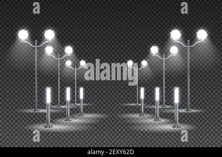 Outdoor-Garten Beleuchtung Design mit hohen Laternen und Solar-LED Straßenbeleuchtung dunkel transparent Hintergrund Vektor-Illustration Stock Vektor