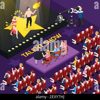 Straßenkünstler isometrische Menschen Komposition mit Blick auf Auditorium während Talentshow-Shooting mit menschlichen Charakteren Vektor-Illustration Stock Vektor