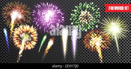 Feuerwerk transparent mit Festival und Feier Symbole isoliert Vektor gesetzt Abbildung Stock Vektor