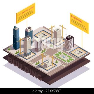 Stadt Wolkenkratzer isometrische Komposition mit Bildern von geschliffenen Schichten geschnitten Mit modernen hohen Gebäuden im Bau Vektor-Illustration Stock Vektor