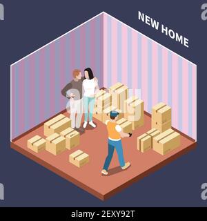 Isometrische Zusammensetzung mit Paar Umzug in neues Haus mit Pappe Felder 3D Vektorgrafik Stock Vektor