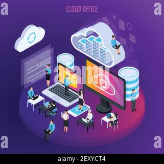 Cloud-Dienste isometrische Zusammensetzung mit kleinen Zahlen von Menschen Computer Bildschirme Symbole und flache Silhouette Piktogramme Vektordarstellung Stock Vektor