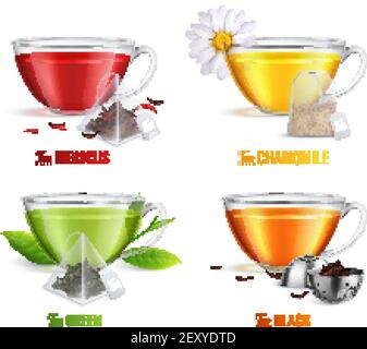 Vier quadratische realistische Tee Brühbeutel Symbol Set mit Hibiskus Kamille grünen und schwarzen Tee Aromen Vektor Illustration Stock Vektor