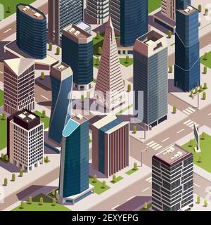 Stadt Wolkenkratzer isometrische Komposition mit realistischen Blick auf die moderne Stadt Block mit hohen Gebäuden und Türme Vektor-Illustration Stock Vektor