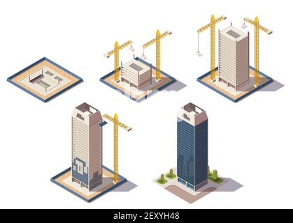 Stadt Wolkenkratzer isometrische Zusammensetzung mit isolierten Bildern der Baustelle Darstellung der verschiedenen Phasen des Konstruktionsprozesses Vektor illustraa Stock Vektor