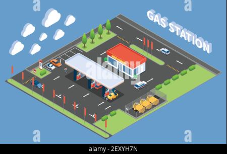 Kunden an der Tankstelle mit isometrischer Zusammensetzung auf Blau Vektordarstellung im Hintergrund Stock Vektor