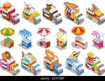 Food Trucks und Street Carts Verkaufsautomaten Fast Food Getränke und Eiscreme isometrische Symbole setzen isolierte Vektor-Illustration Stock Vektor